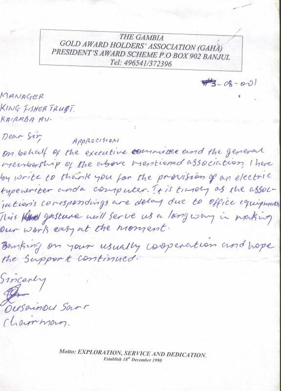 The Gambia Gold Award Holders Association (hand written letter)