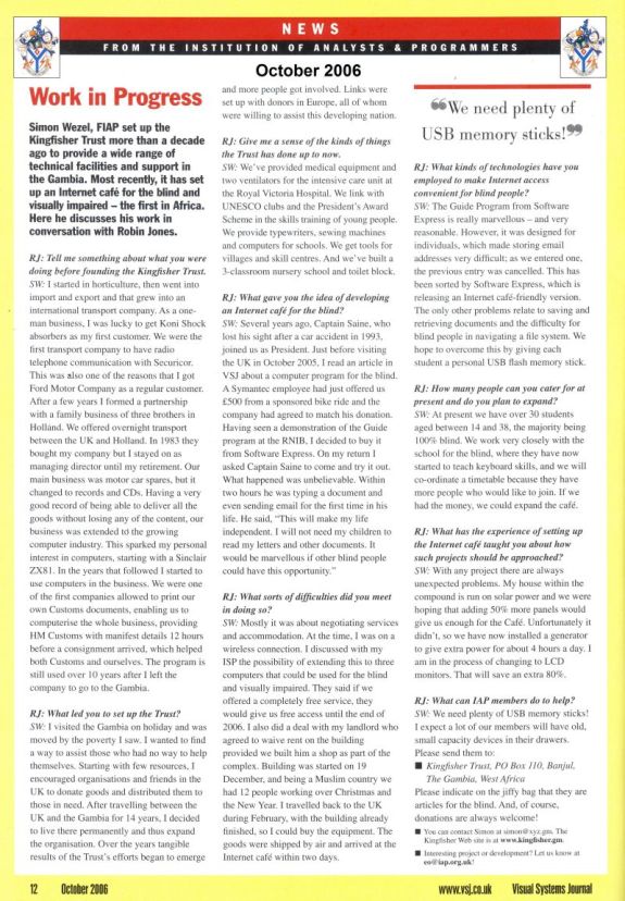 Article in IAP (Institute of Analysts & Programmers) magazine