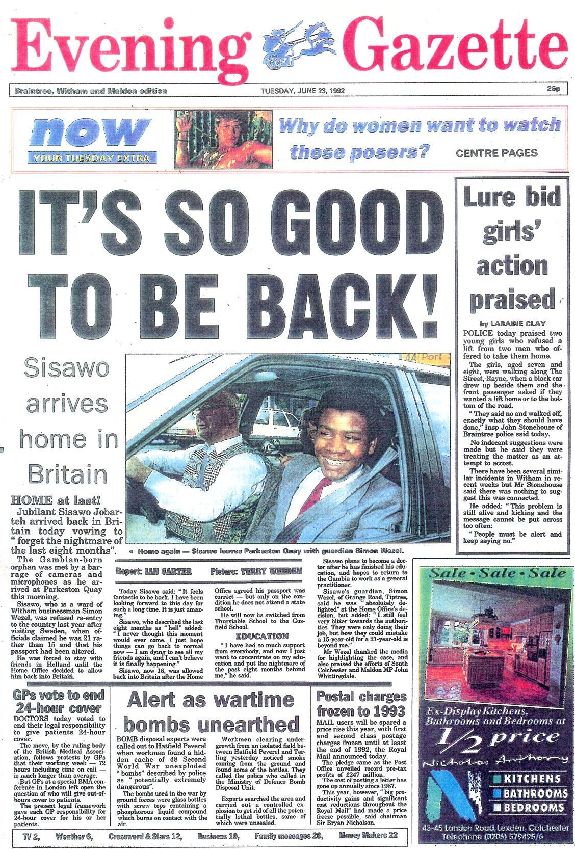 Jubilant Sisawo Jobarteh arrived back in Britain today vowing to " forget the nightmare of the last eight months"., The Gambian-born &bull; orphan was met by a barrage of cameras and microphones as he arrived at Parkeston Quay this morning