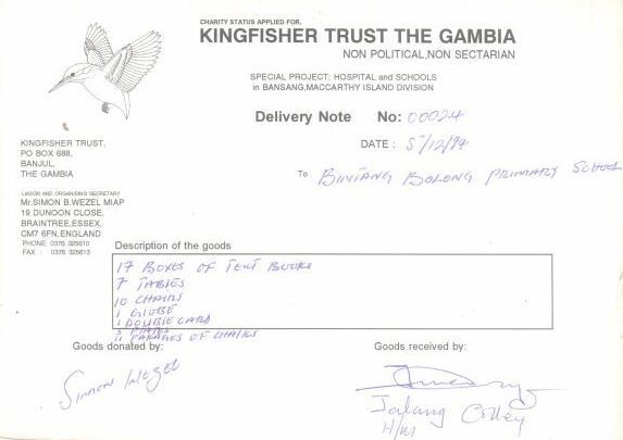 receipt from Bintang Bolong Primary School