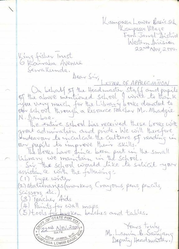 Kampassa Lower Basic School, letter of apreciation