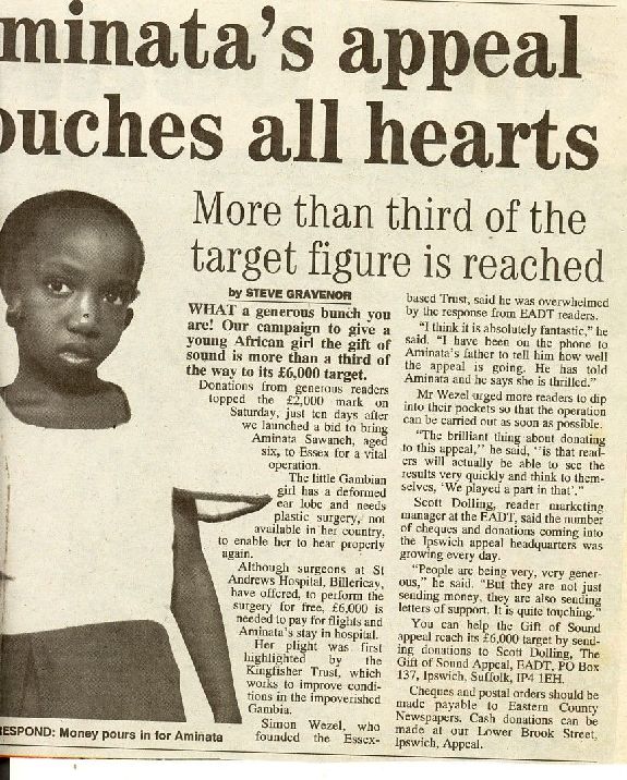 EAST ANGLIA Daily Times, WHAT a generous bunch you are! Our campaign to give a young African girl the gift of sound is more than a third of the way to its £6,000 target