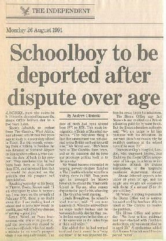 Sisawo Jobarteh 1 Sisawo Jobarteh, an orphan from The Gambia. West Africa, was allowed into Britain two years ago to study, at a secondary school in Essex