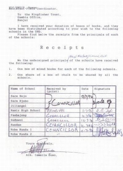 receipt from Koba Kunda 2 Primary School